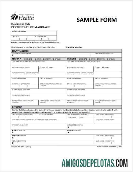 Certidão de Casamento do Departamento de Saúde dos EUA exemplo